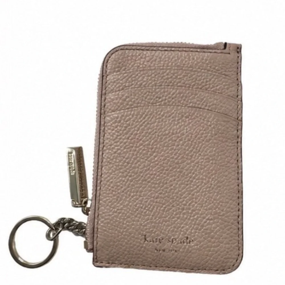 Kate Spade New York Pebbled Leather Zip Card Holder Key‎ Ring Taupe Mauve 11-11